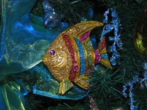 Fish_Ornament_HotelDel This is a photo of a fish Christmas ornament with glitter stripes.